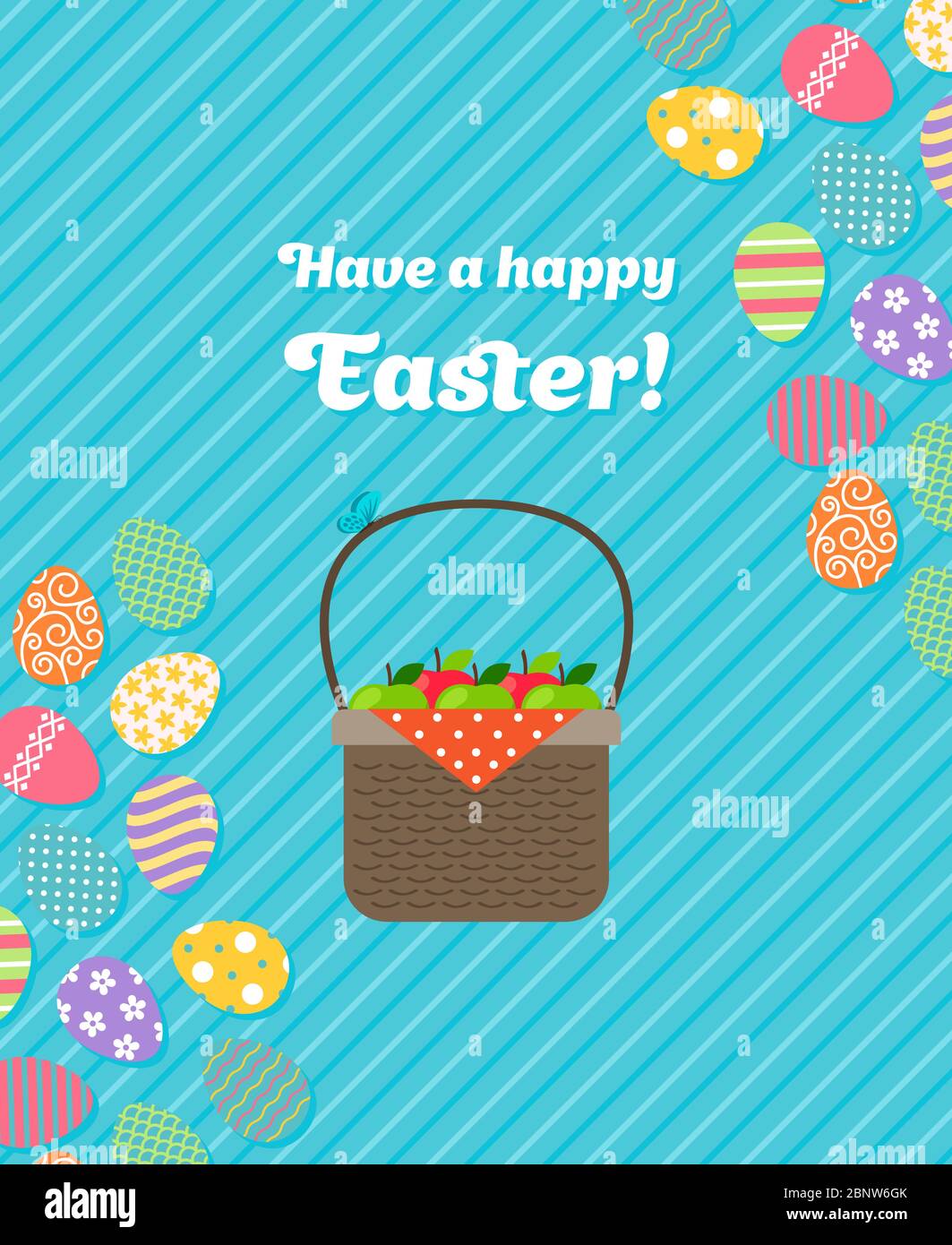 Happy Easter vertical blue greeting card template with basket. Vector illustration Stock Vector
