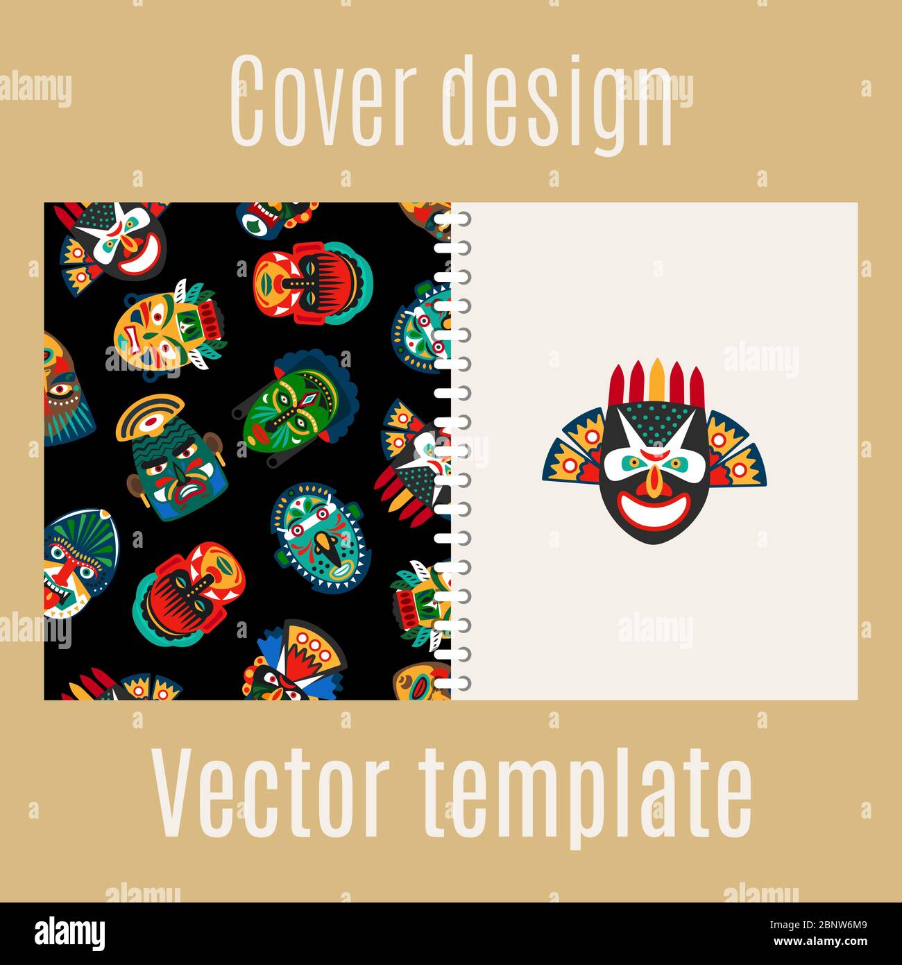 Cover design for print with tribal mask pattern, vector illustration Stock Vector