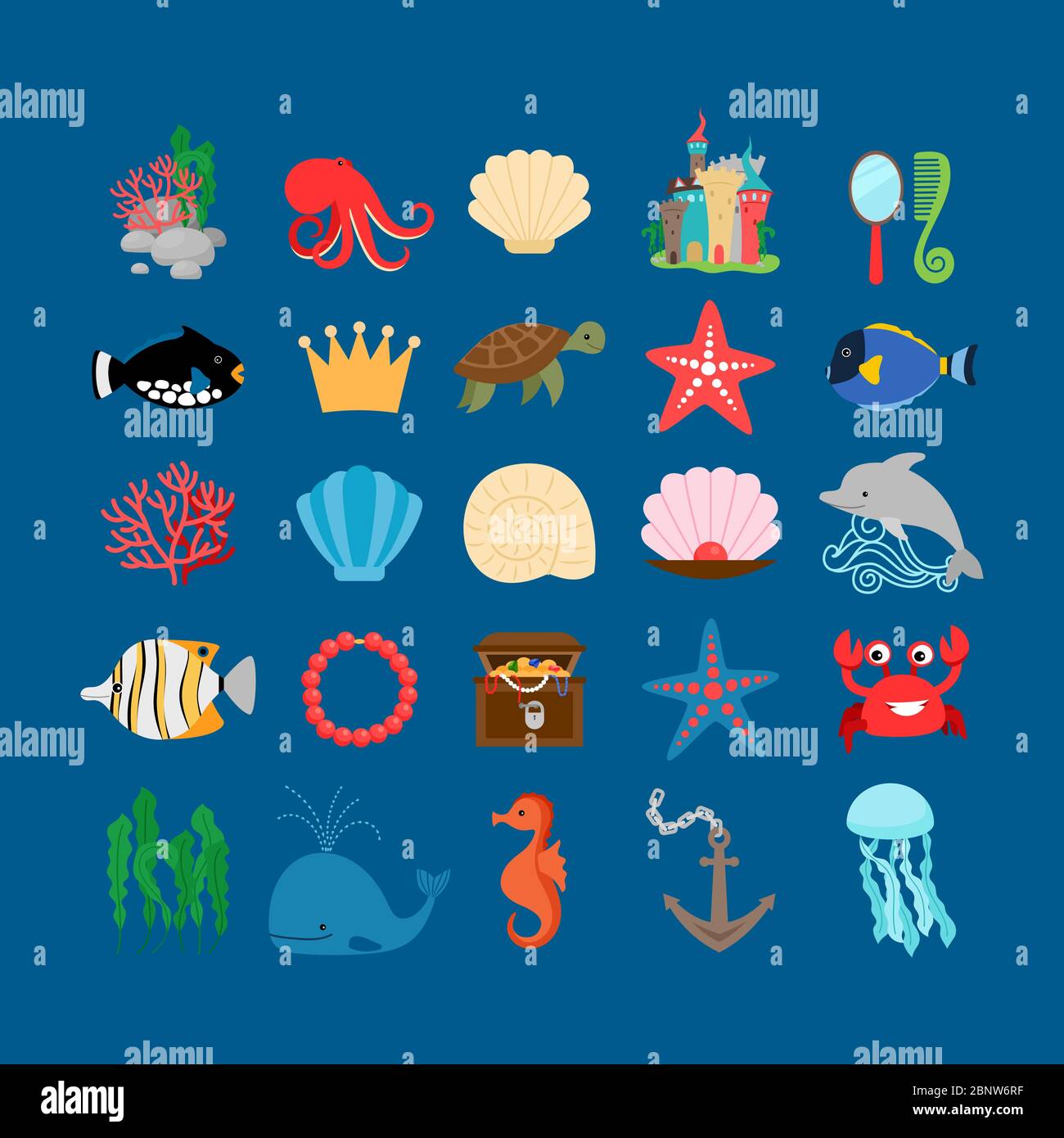 Underwater set. Marine life and underwater plants, treasure and cartoon ocean  animals. Vector illustration Stock Vector Image & Art - Alamy