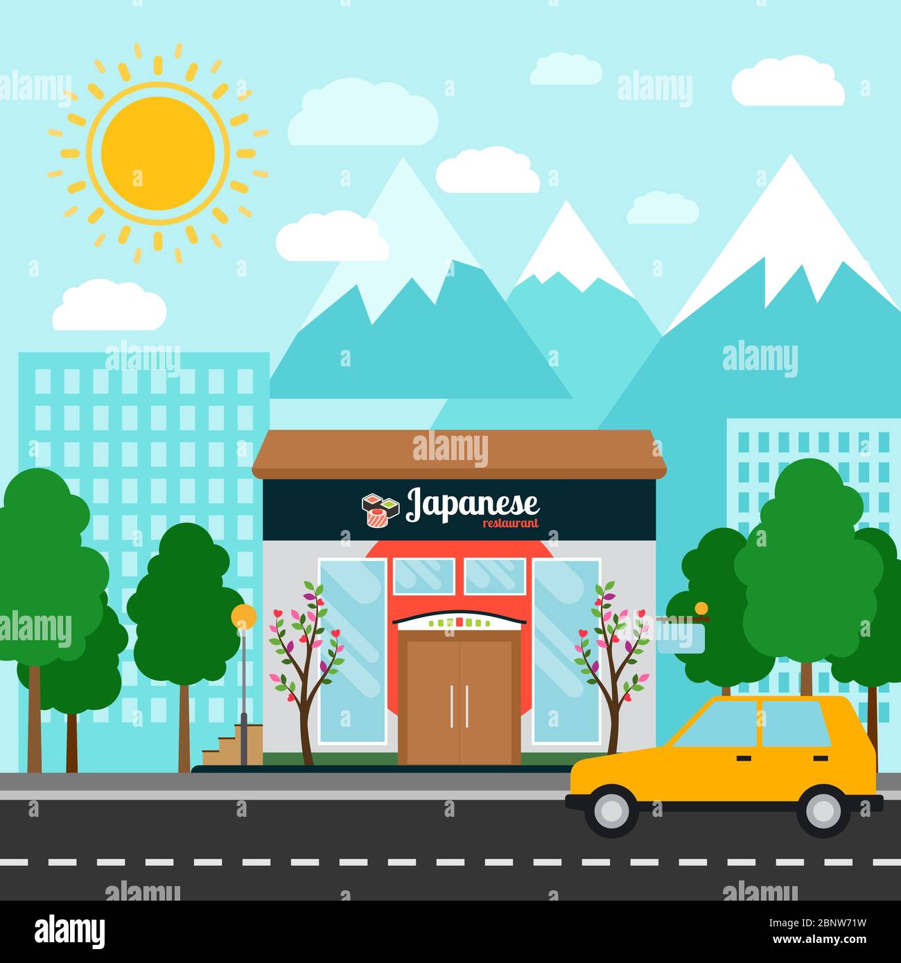 Japanese restaurant shop building and landscape, vector illustration Stock Vector