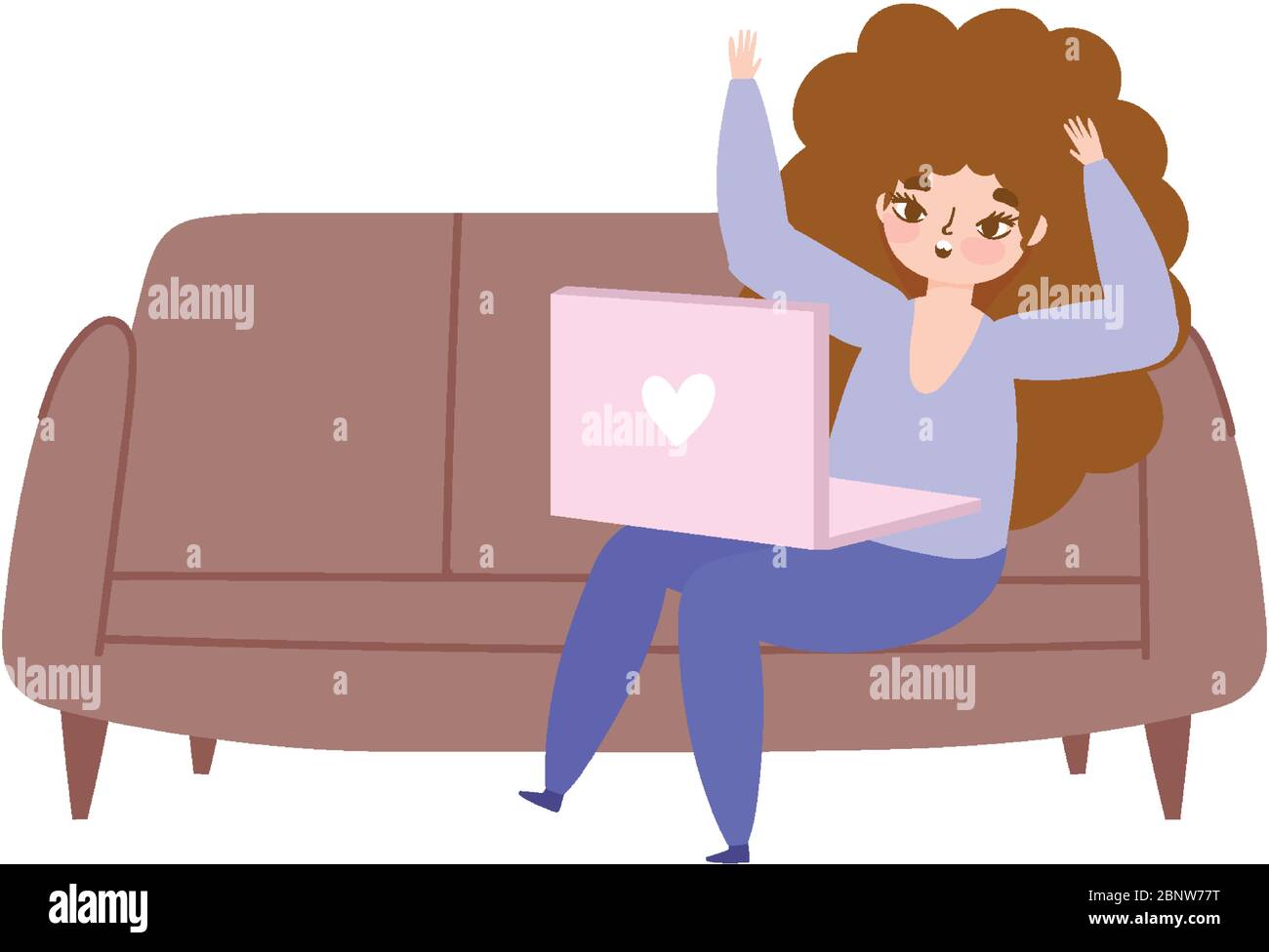 working remotely, young woman with laptop on sofa vector illustration ...