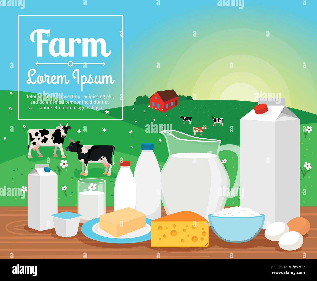 Milk Farm Dairy Products On Rural Landscape With Cows Vector Illustration Stock Vector Image 