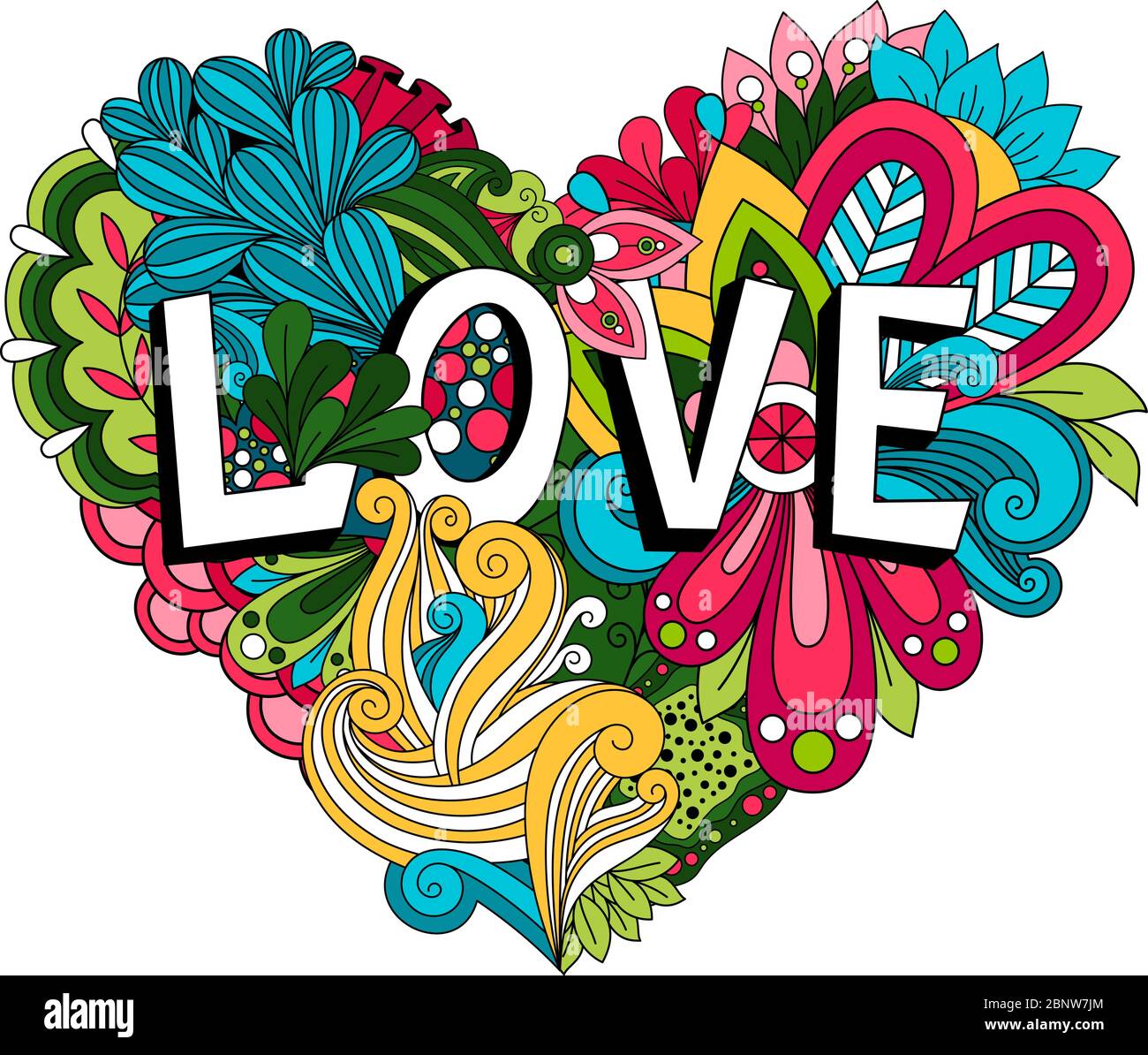 Doodle floral heart with Love lettering for Valentines day card. Vector ...