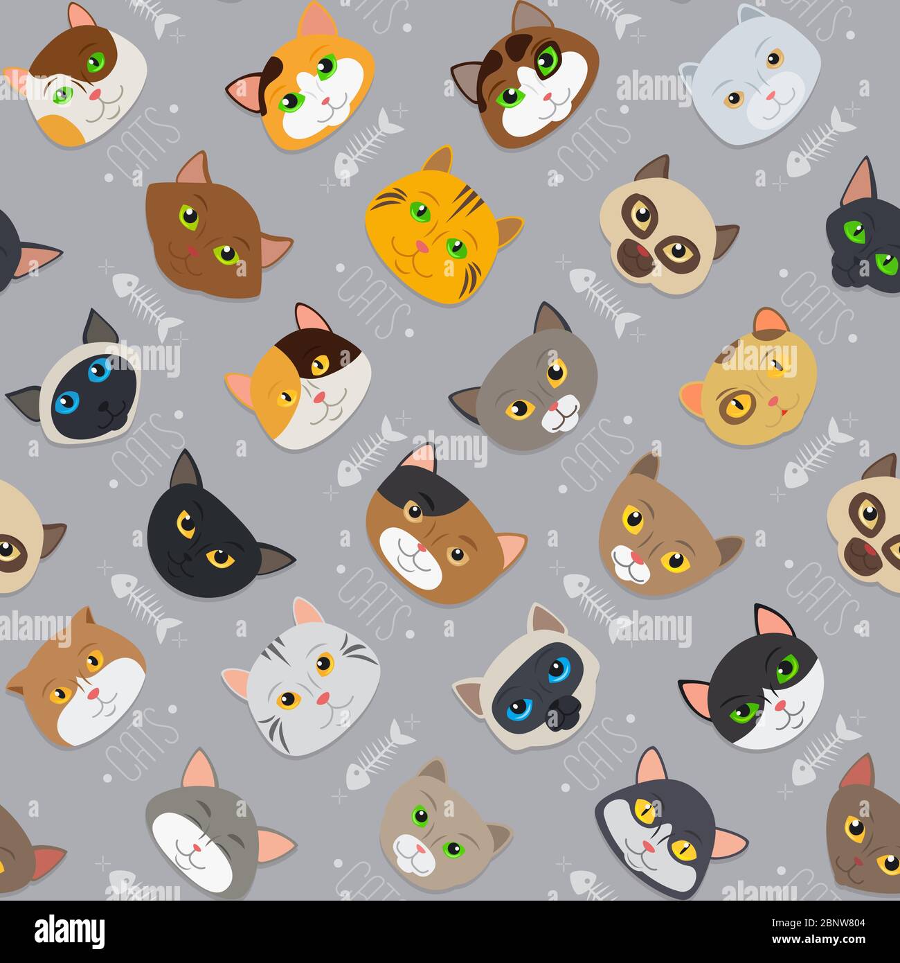 Fur cute different color cats pattern vector background Stock Vector