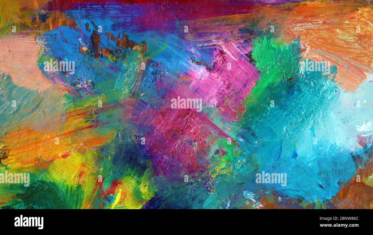 Abstract painting. Artists' palettes daubed with mixed paint. Colourful abstract pictures. Non representational forms. Full frame. Stock Photo