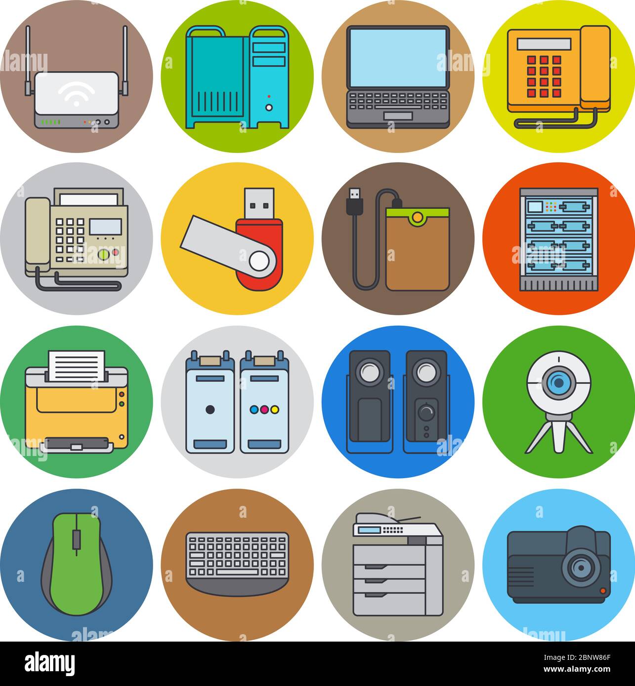 Electronic devices flat line icons. Web camera and laptop, projector and printer vector icons Stock Vector