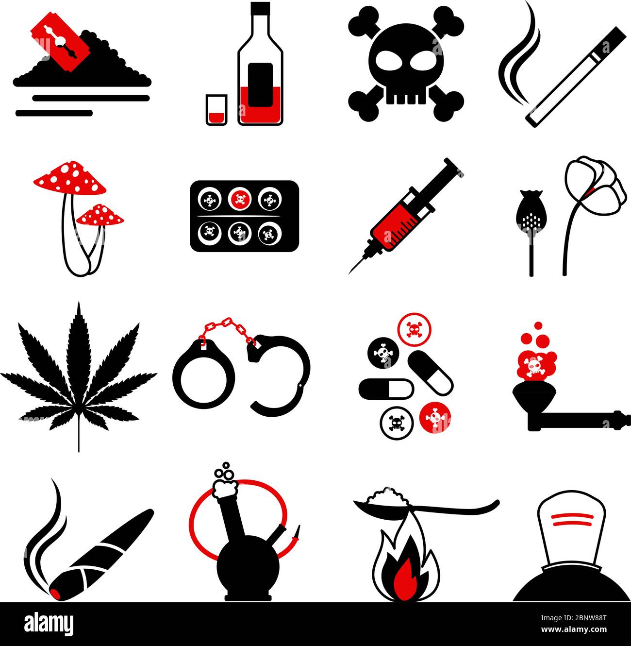 Drugs and alcohol addiction icons. Poison and injection, razor blade