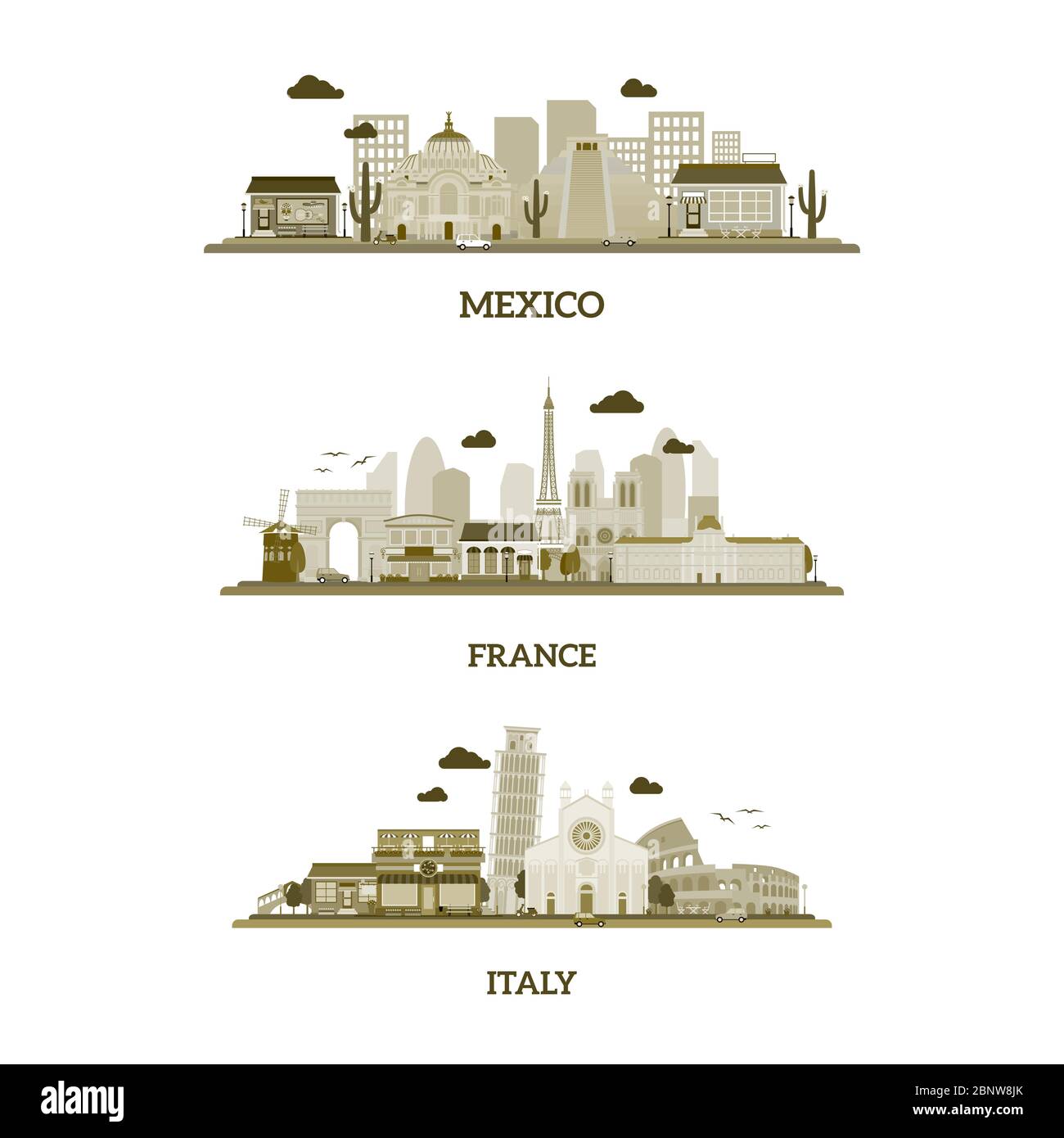 France, Italy and Mexico vintage skyline. Vector illustration Stock Vector
