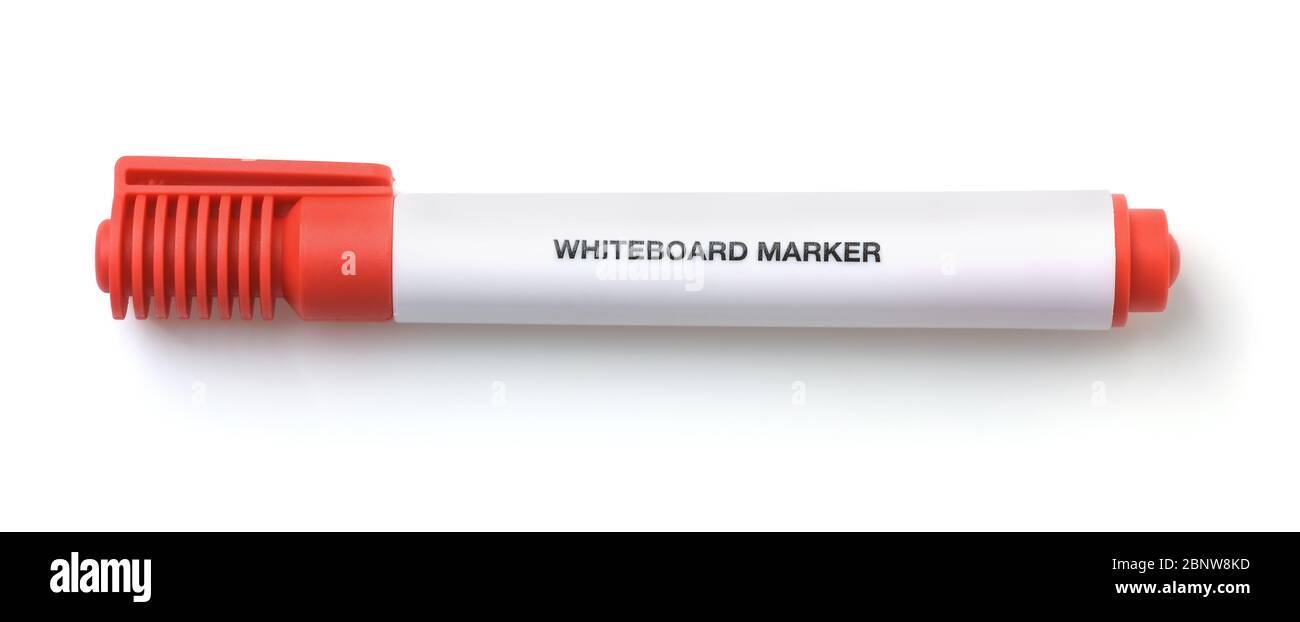 Top view of whiteboard red marker pen on white Stock Photo