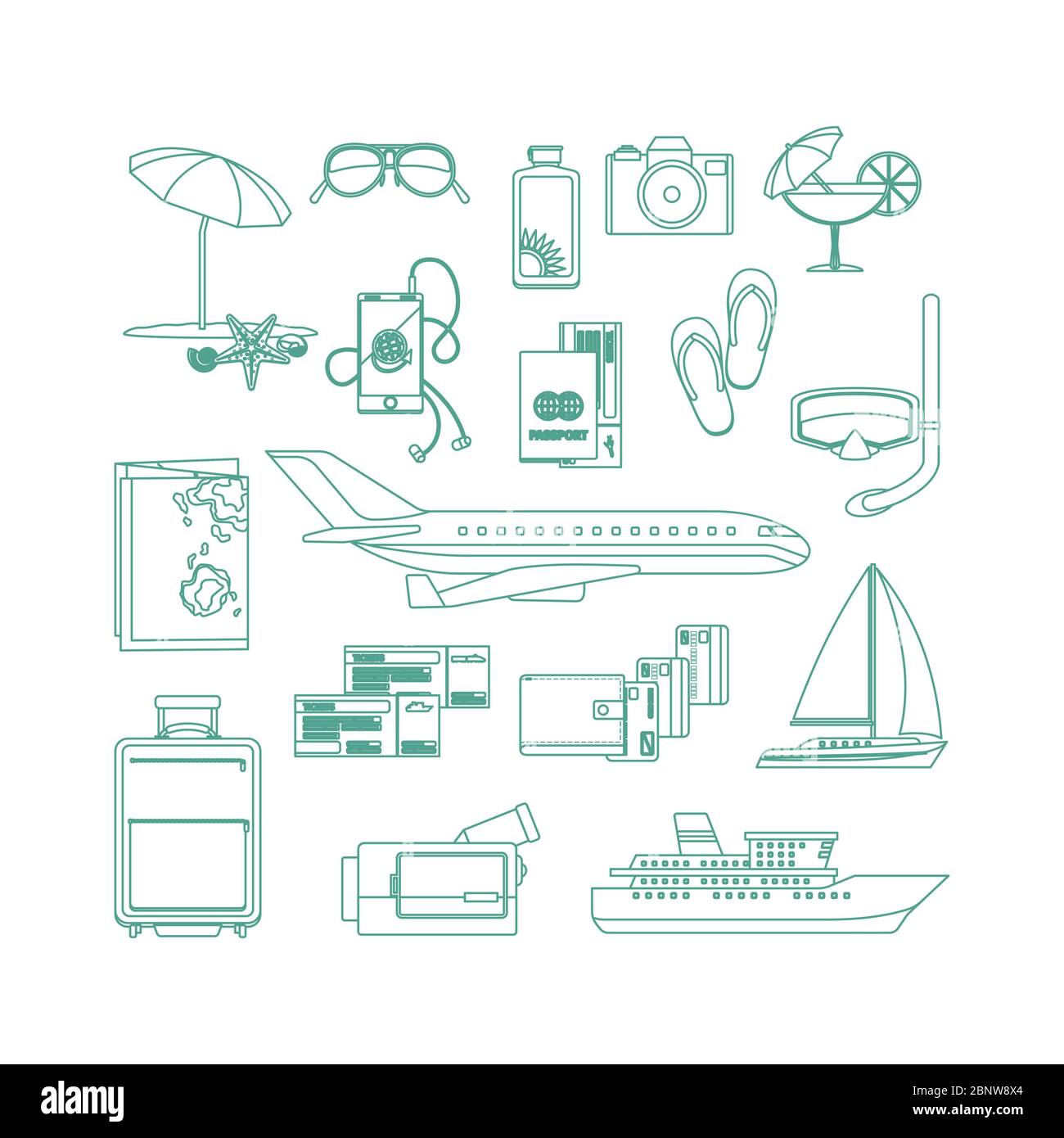 Tourism line art icon set on white backgrund. Vector illustration Stock ...
