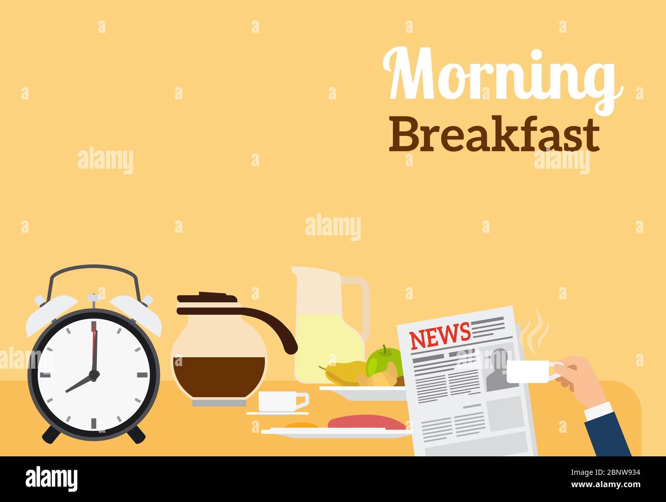 Good Morning Breakfast Banner with sign on orange background. Vector illustration Stock Vector