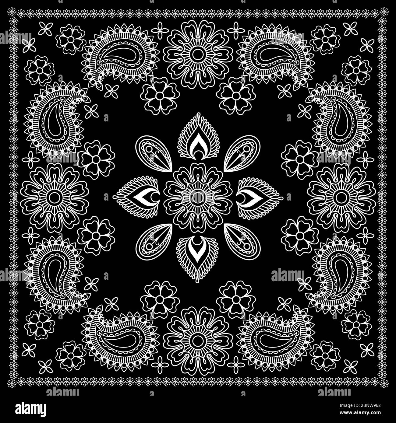 Black and White Bandana Print With Element Henna Style. Vector illustration Stock Vector