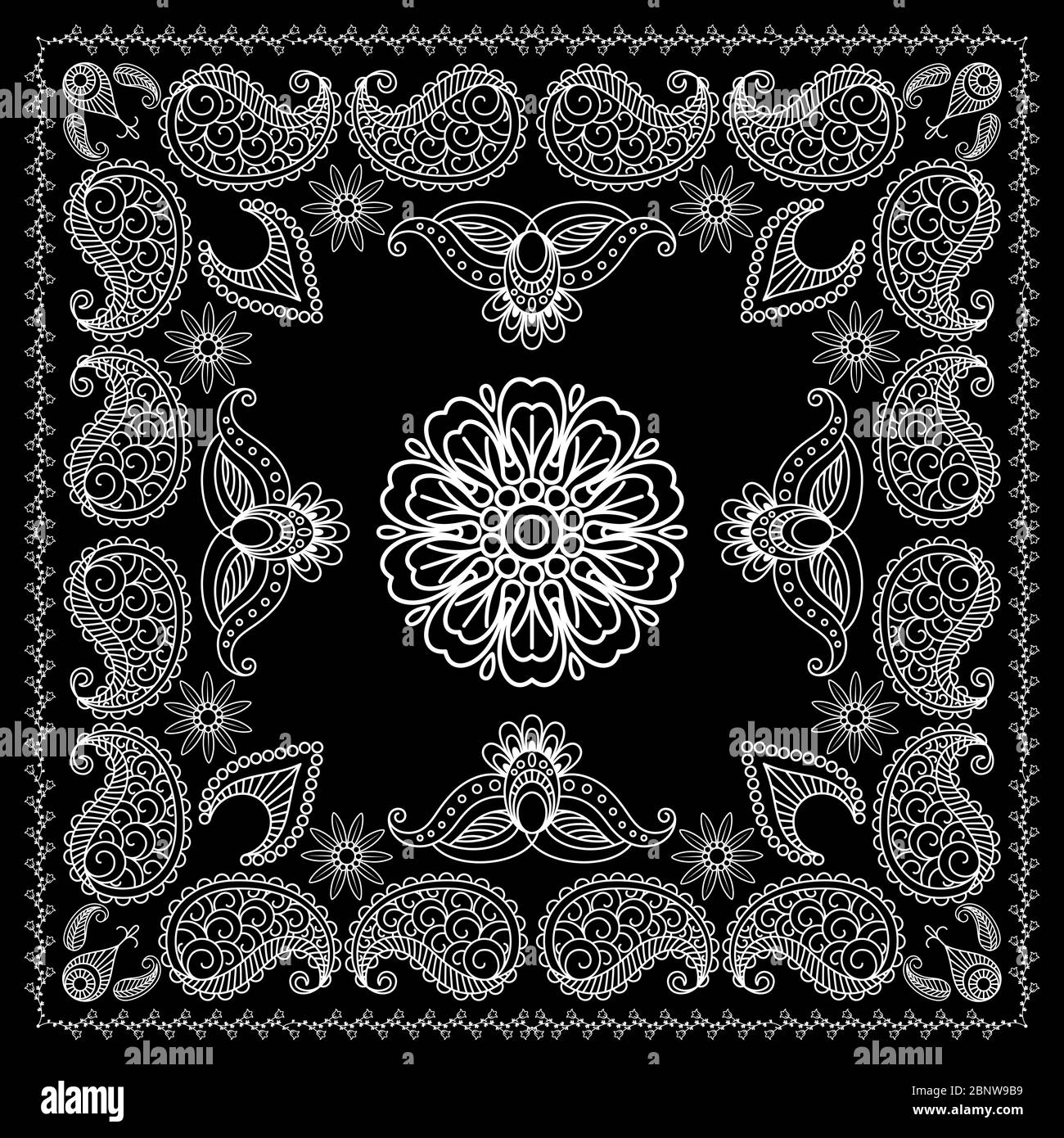 Black and White Bandana Print With Element Henna Style. Vector illustration Stock Vector