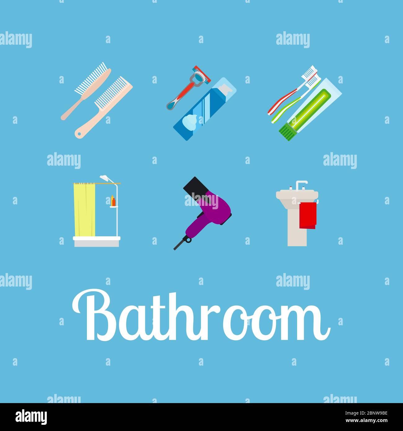 Bathroom items flat icon set on blue background. Vector illustration Stock Vector