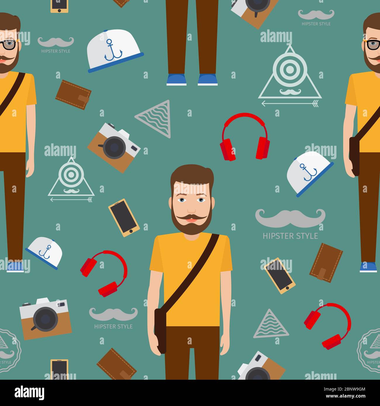 Man hipster flat style seamless pattern. Vector illustration Stock Vector