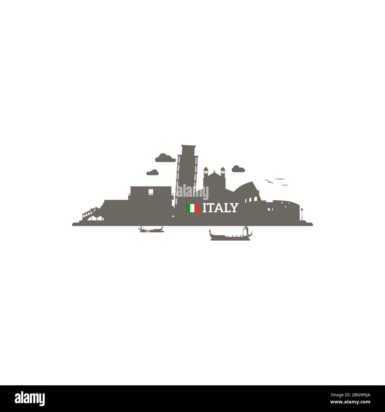 Italy skyline silhouette with name of country and flag. Vector illustration Stock Vector
