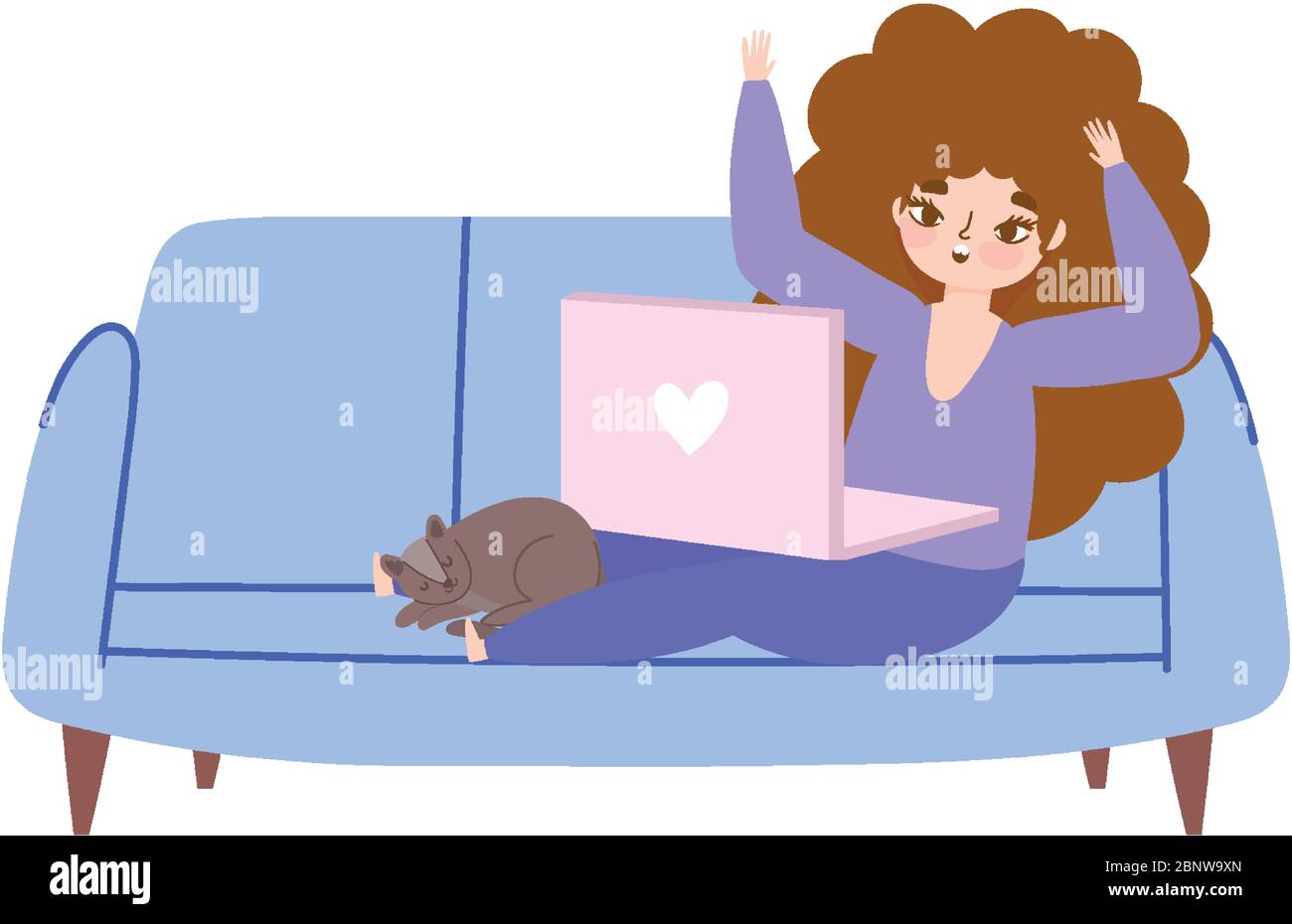 working remotely, young woman in room with laptop on sofa vector ...
