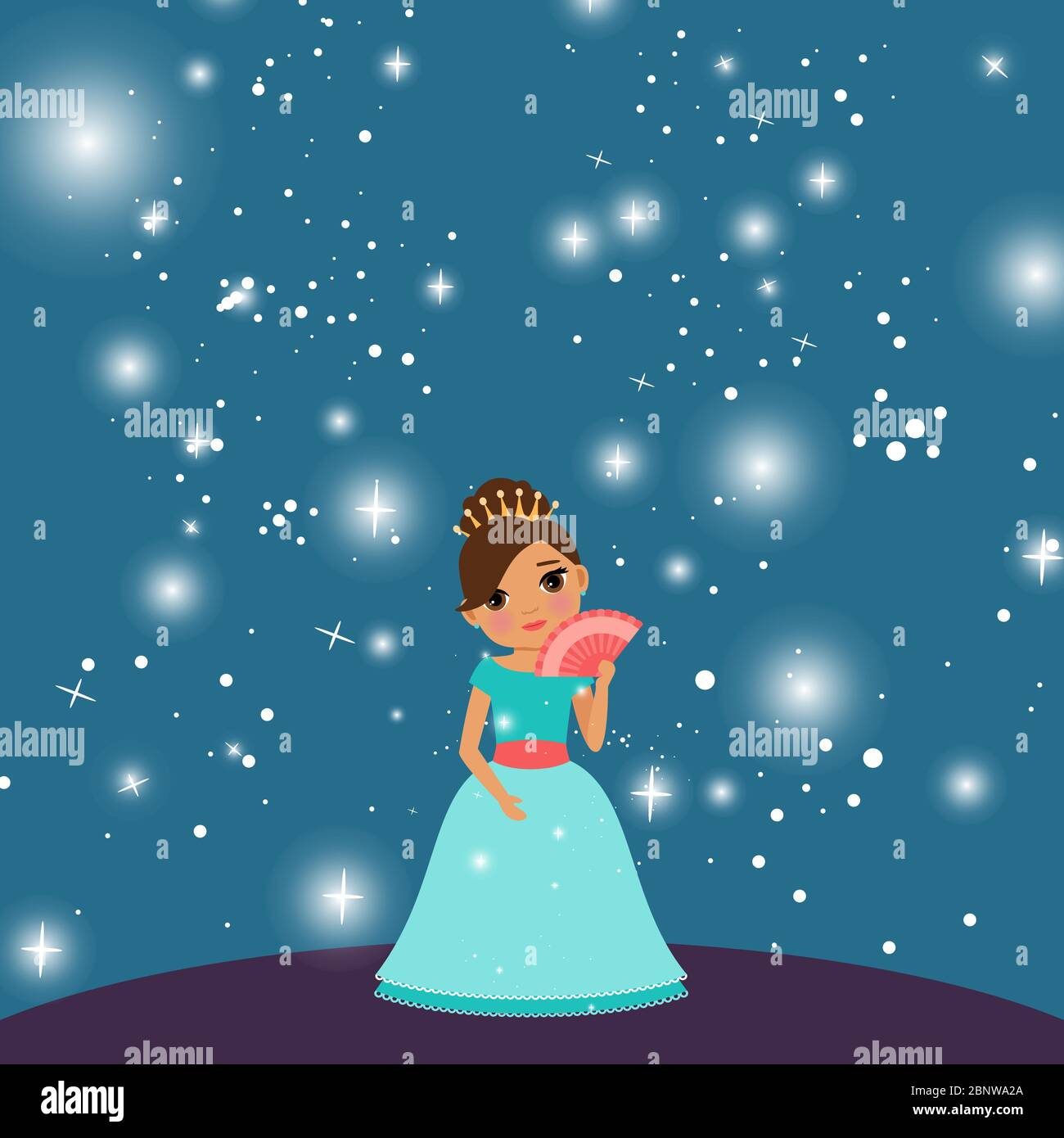 cartoon Beautiful princess with lights on the dark blue background. Vector illustration Stock Vector
