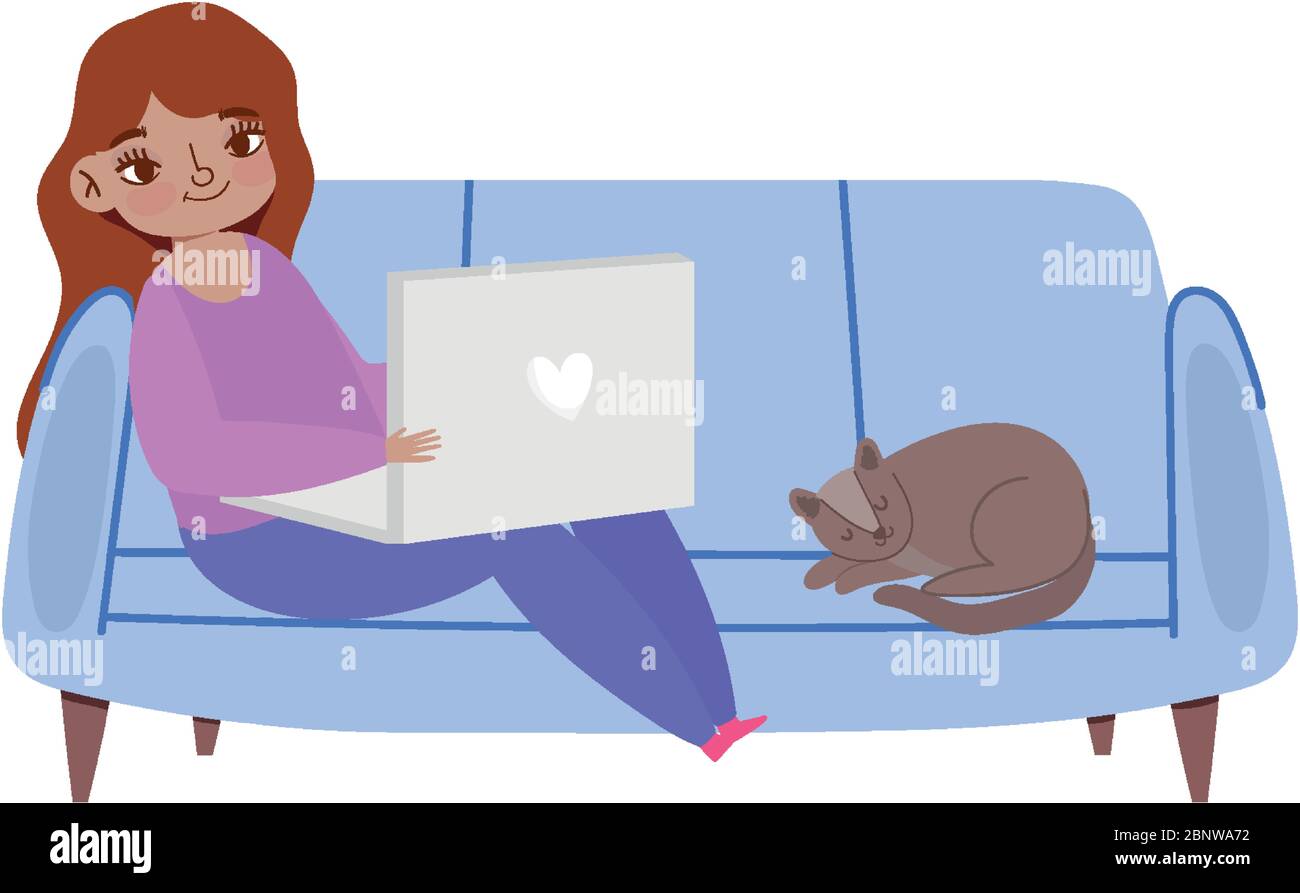 working remotely, young woman with laptop and cat on sofa vector ...