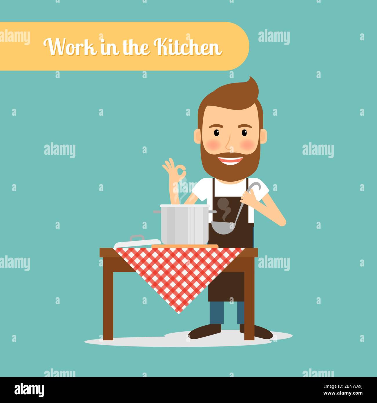 Man work in the kitchen cooking. Vector illustration Stock Vector
