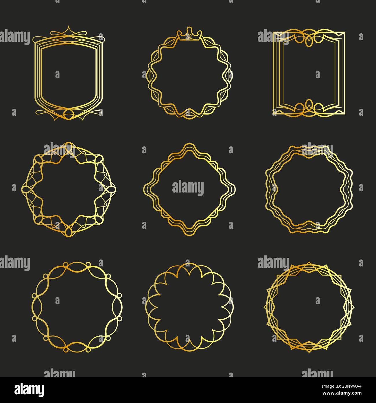Outline golden emblems and badges frames. Vector illustration Stock Vector
