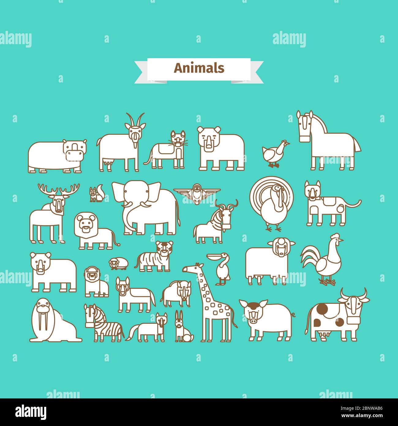 Animals Line Art Vector white Icons on blue background Stock Vector