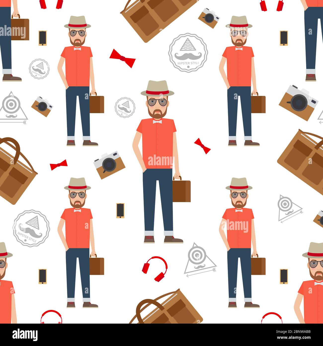 Man hipster flat style seamless pattern. Vector illustration Stock Vector