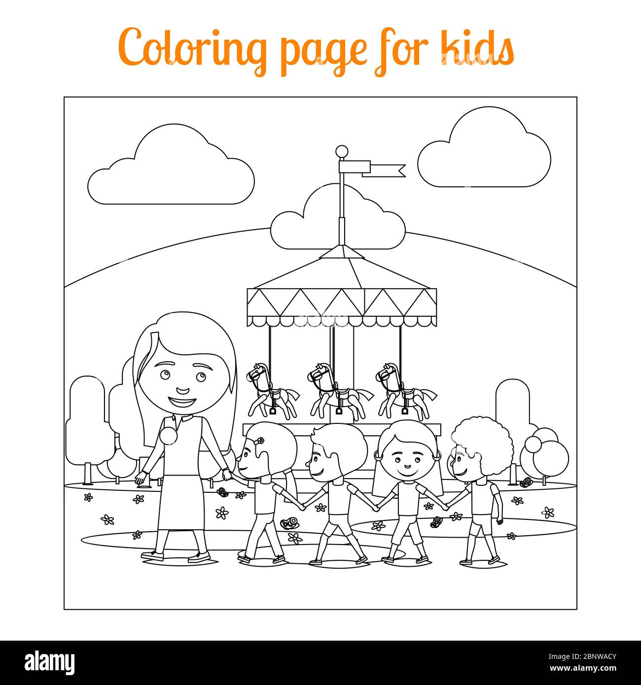 Coloring book page for kids with amusement park. vector illustration Stock Vector