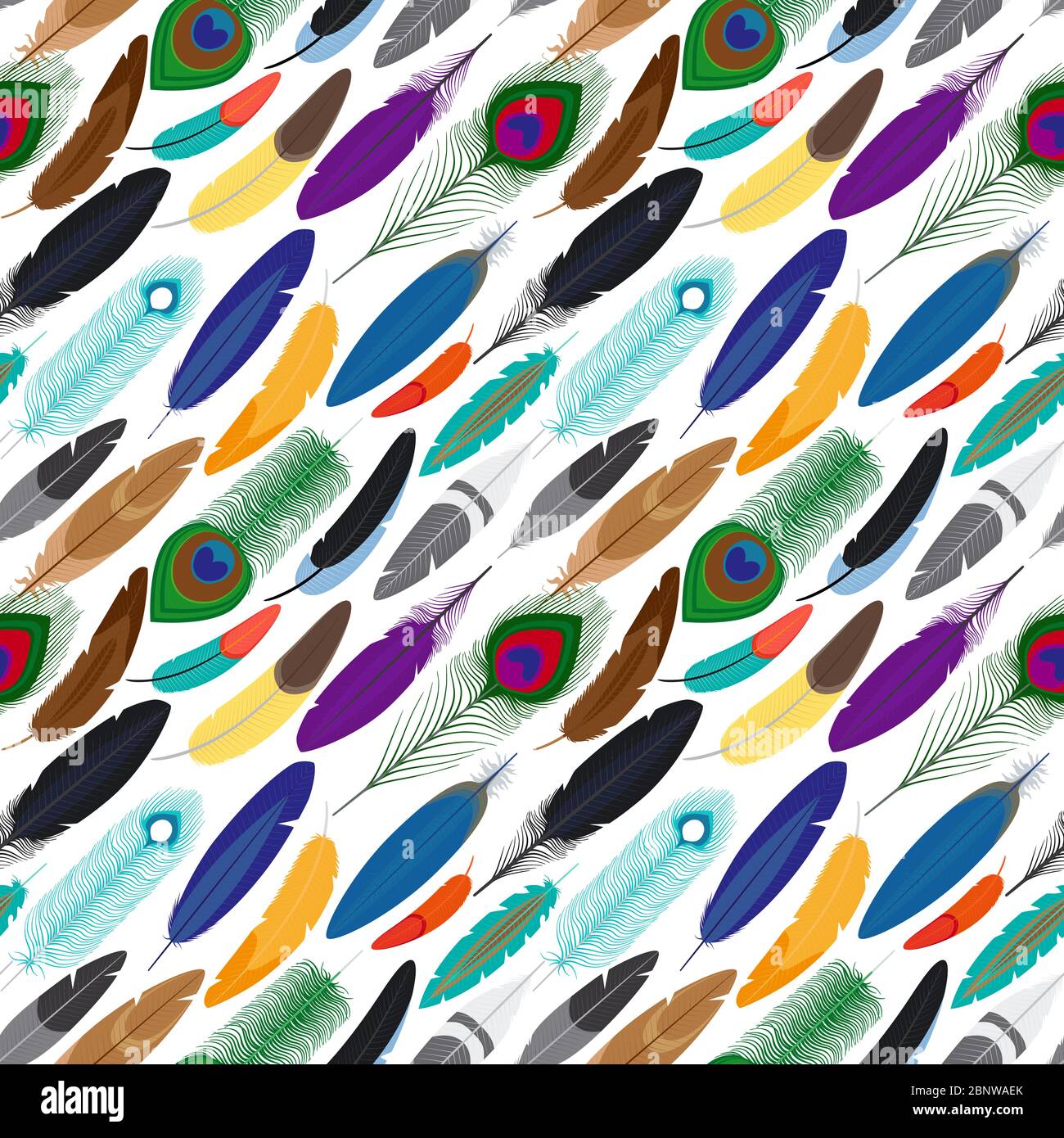Colorful different feathers seamless background. Vector illustration Stock Vector