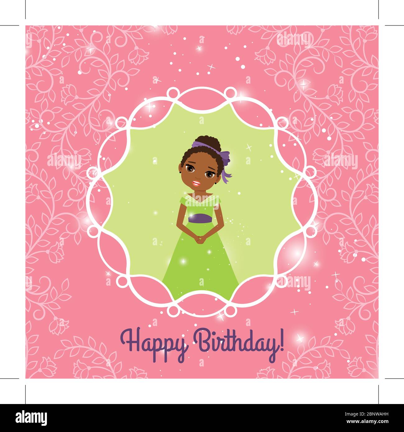 Happy Birthday pink greeting card with fairy princess. Vector ...