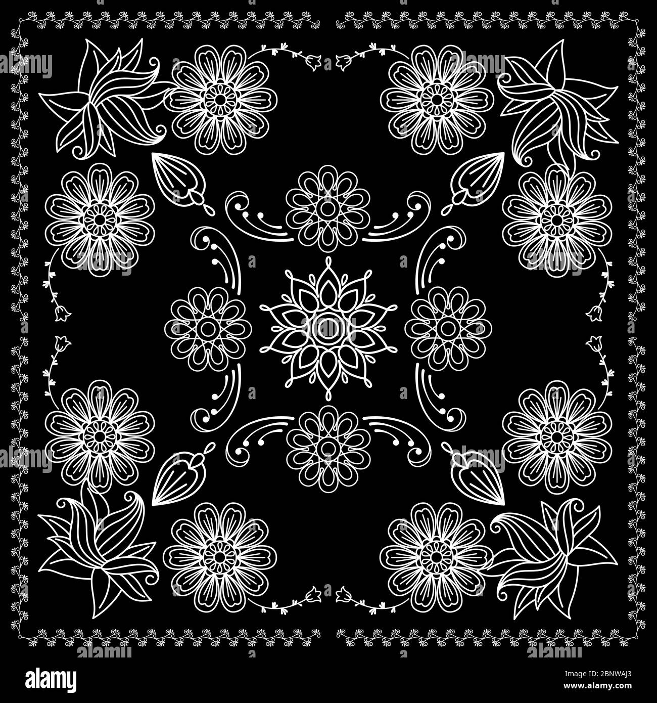 Black and White Bandana Print With Elements Henna Style. Vector