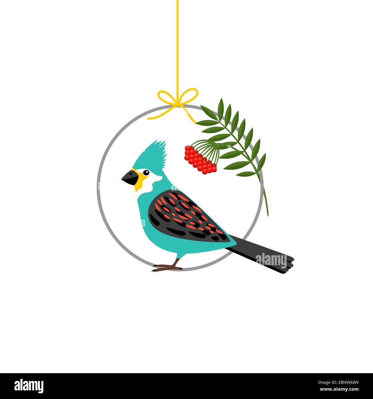 Bird sitting on the circle isolated on white. Vector illustration Stock Vector