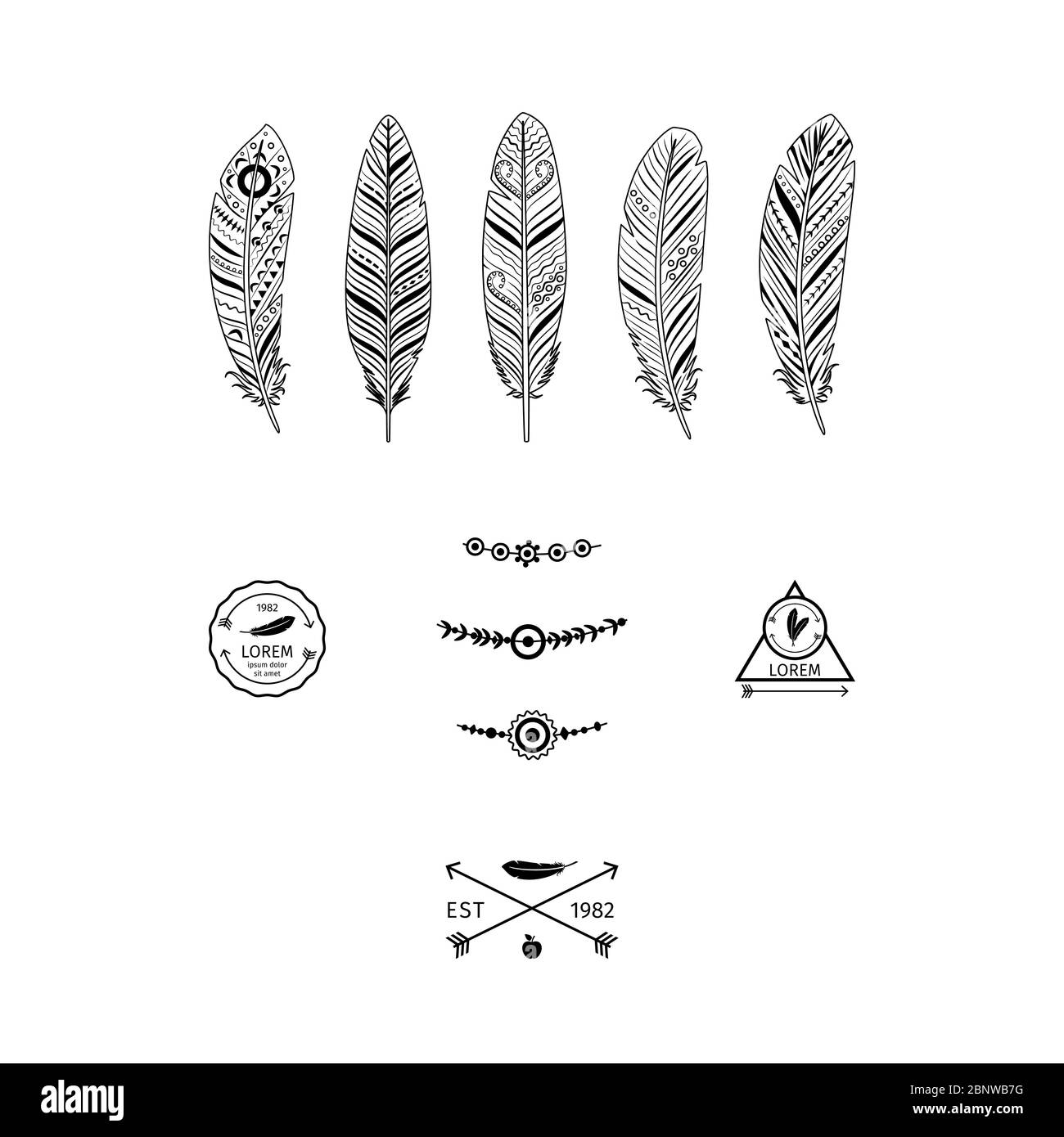 Ethnic black feathers elements with decorative labels. Vector