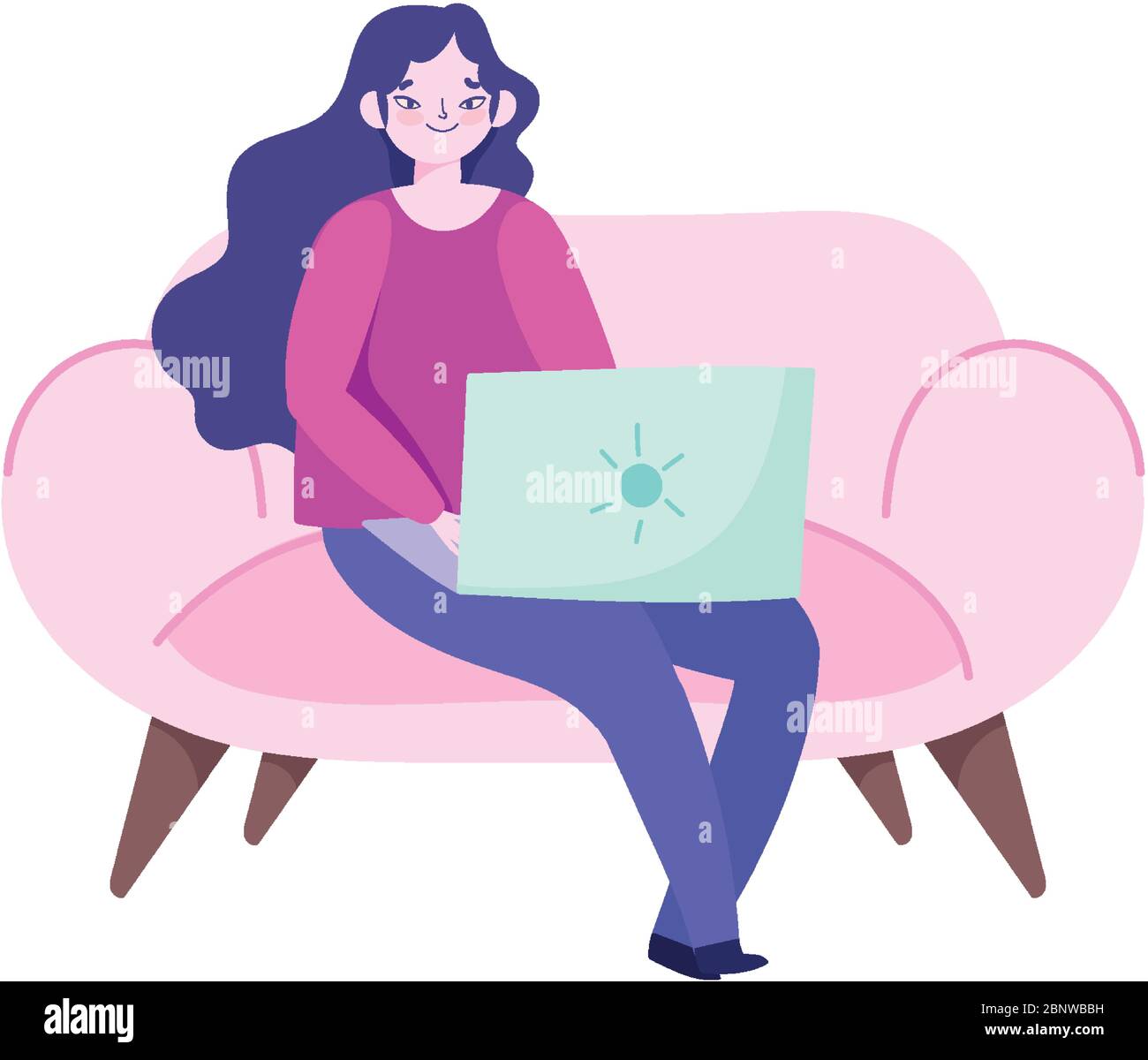working remotely, young woman sitting on sofa with laptop vector ...