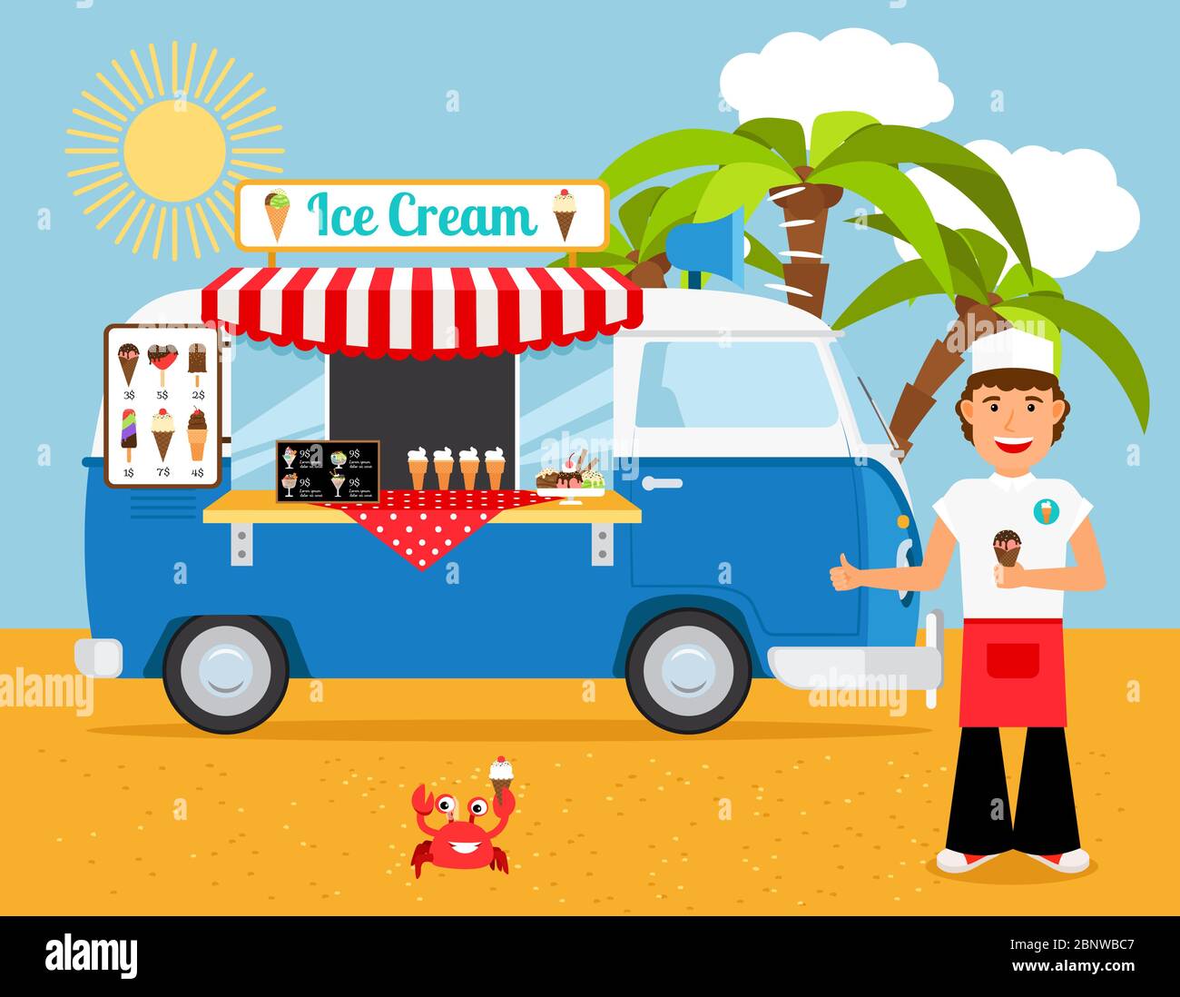 Ice Cream Truck Vector Illustration Iceman And Icecream Van On Sandy Beach With Palm Trees Stock Vector Image Art Alamy Ice Cream Truck Vector Illustration Iceman And Icecream Van On Sandy Beach With Palm Trees Stock Vector Image Art Alamy