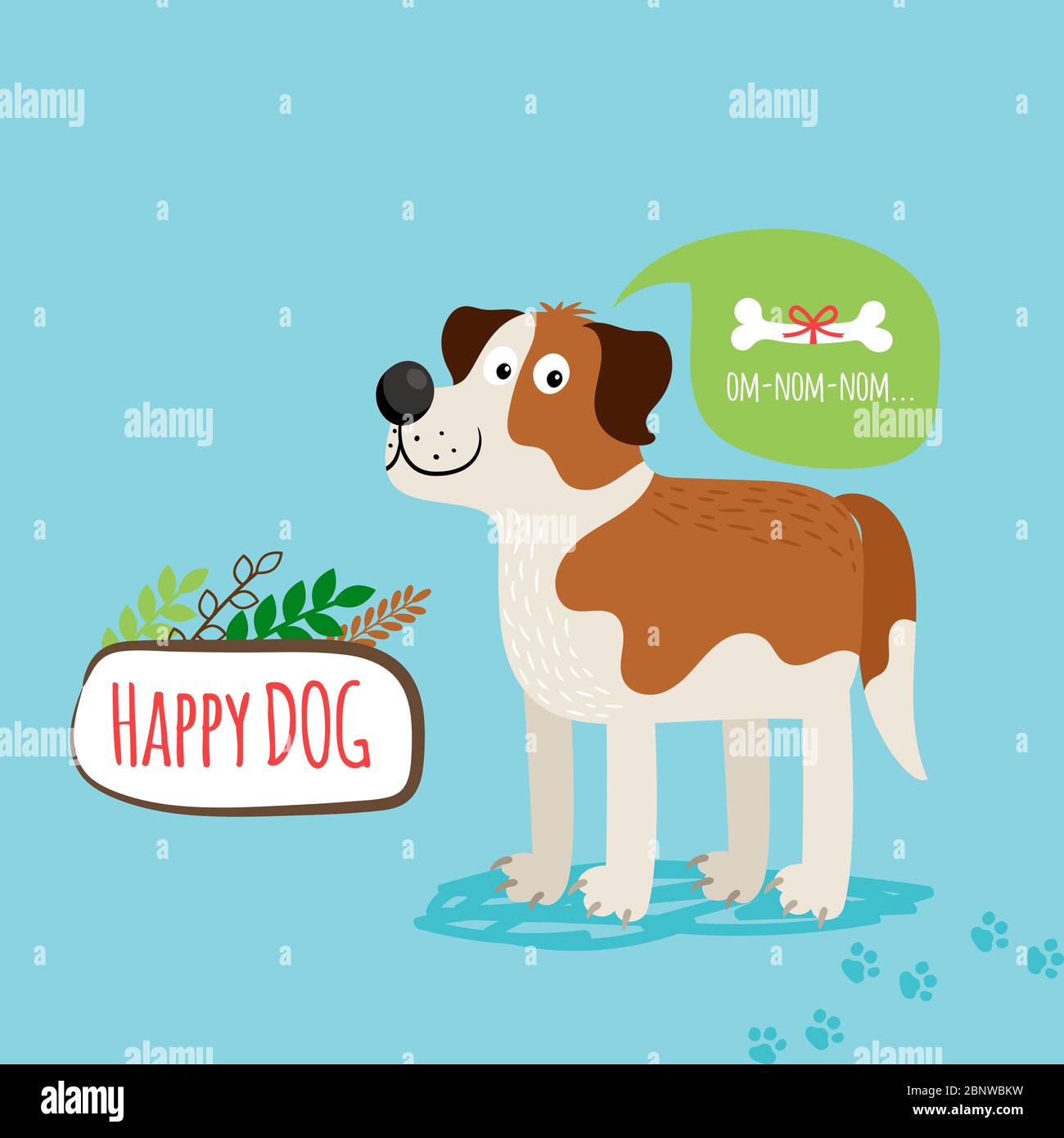 Vector Cartoon Happy Dog Card Template With Text Om Nom Nom Stock Vector Image Art Alamy