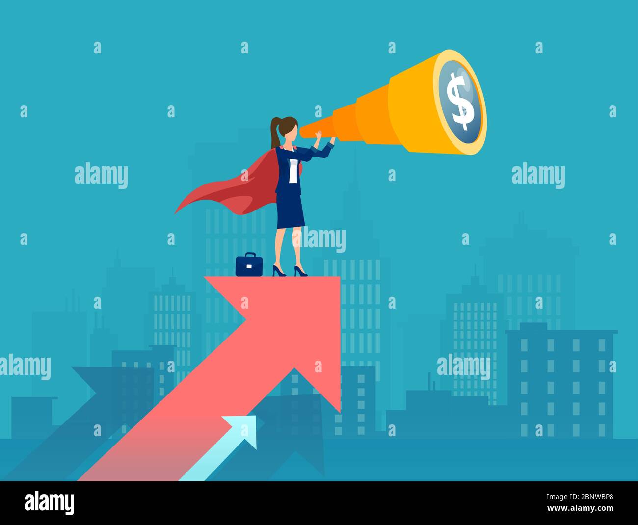 Vector of a super businesswoman standing on the red arrow growing up looking through a telescope searching for new financial opportunity. Stock Vector