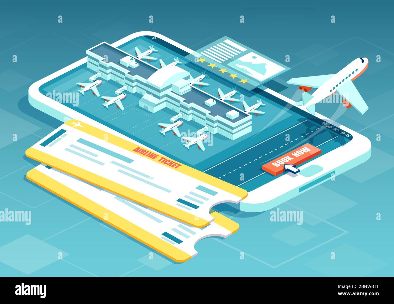 Booking airline tickets online concept. Vector of a travel, business flights with boarding pass, airport terminals and airplane taking off Stock Vector