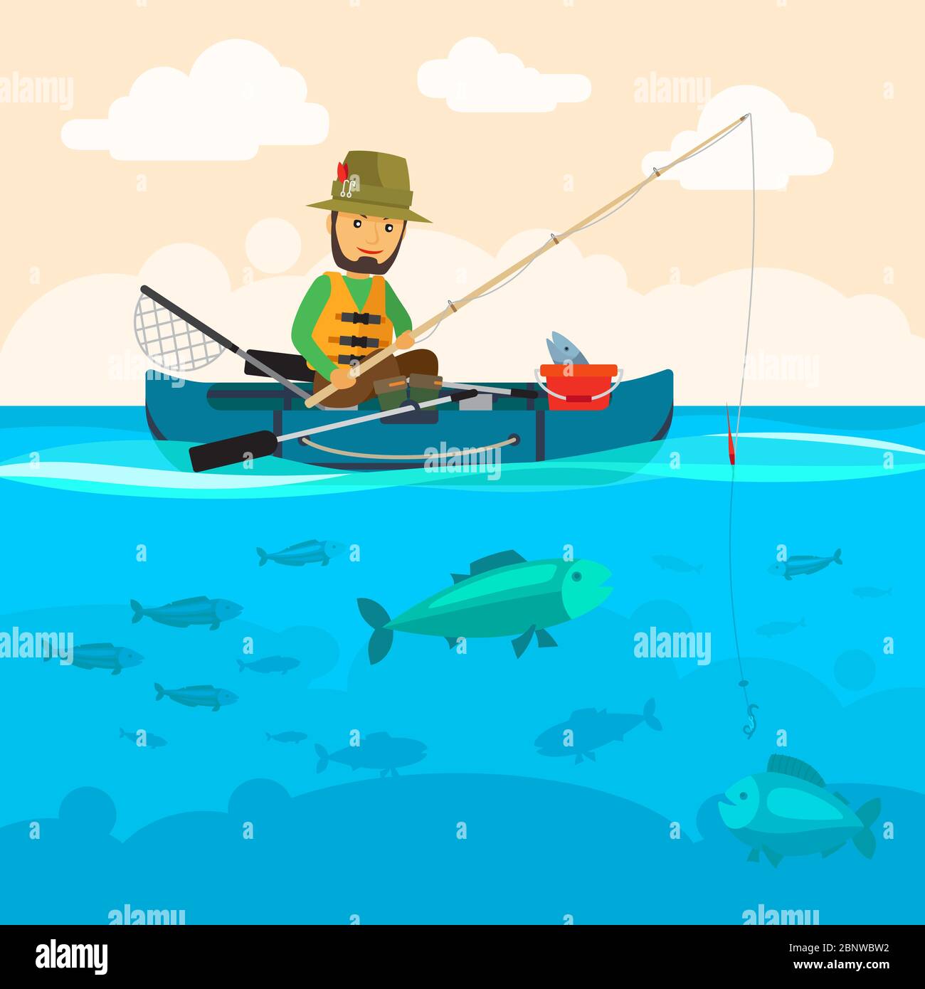 Fisherman on a boat vector illustration. Man fishing at river, a lot of fish in water and clouds in sky Stock Vector