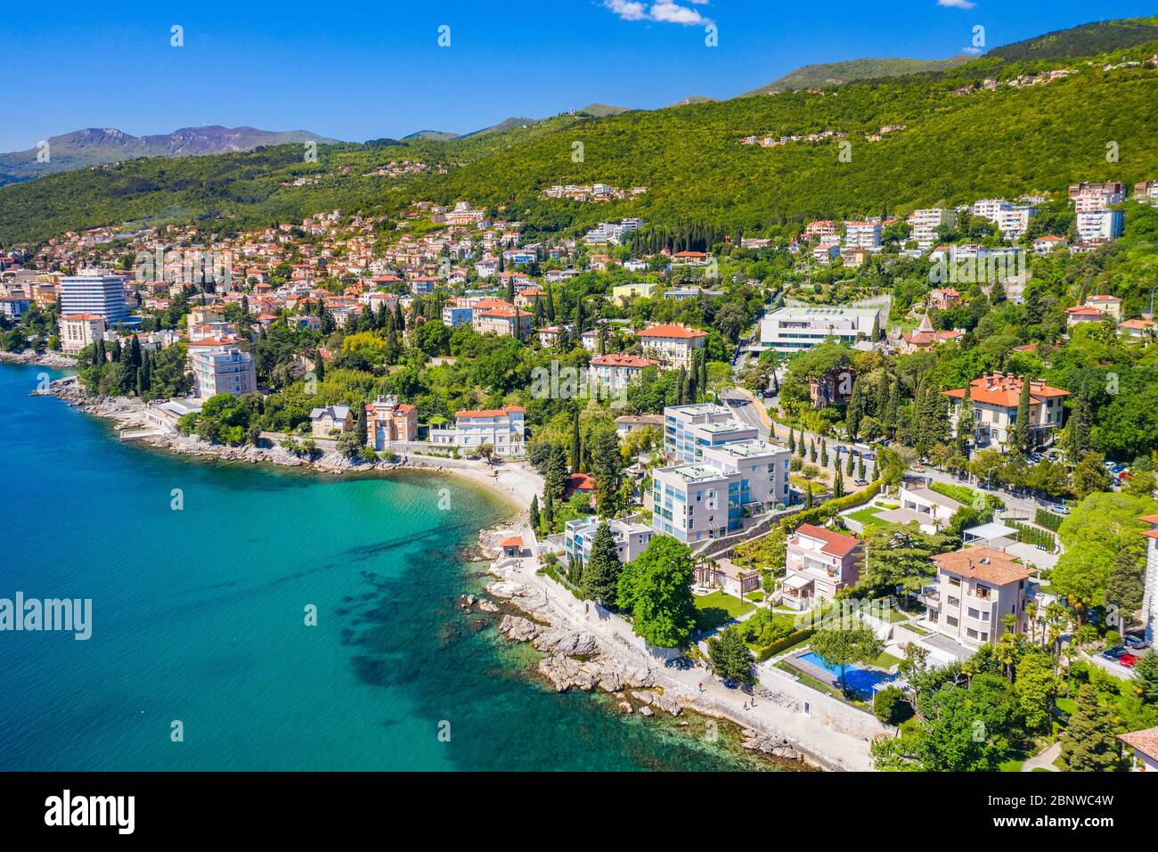 Croatia, Adriatic coast, beautiful town of Opatija and Volosko, popular tourist resort, coastline aerial view, Kvarner bay Stock Photo