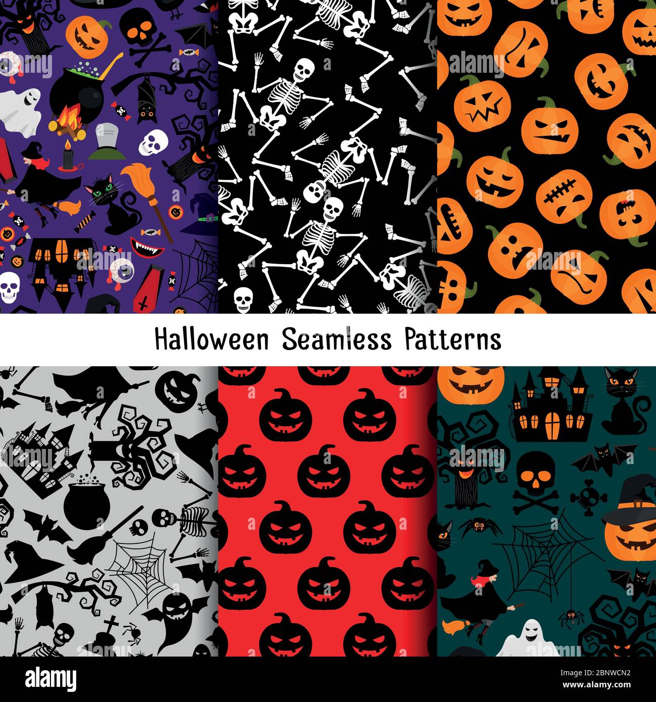 Different halloween vector pattern set. Endless texture for web page or wrapping with pumpkin and skeleton, witch and tree ogre Stock Vector
