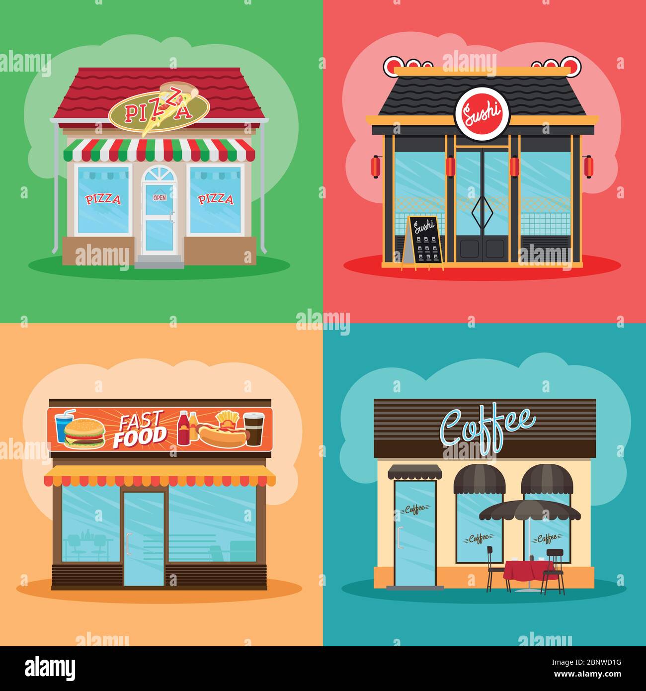 Restaurant or fast food store front set. Cafe shop, pizza shop and