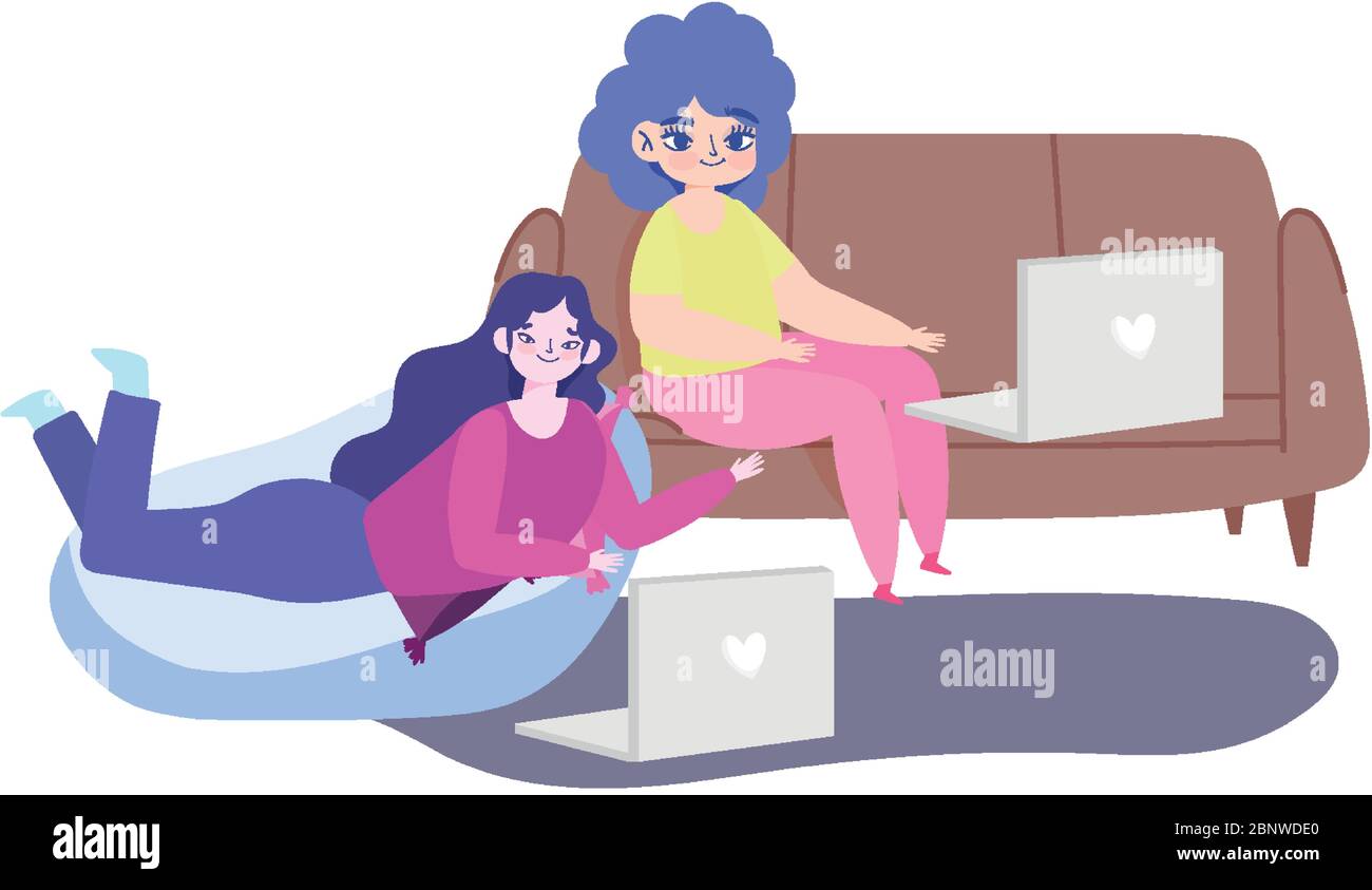 working remotely, young women with laptop on sofa and bean chair vector ...