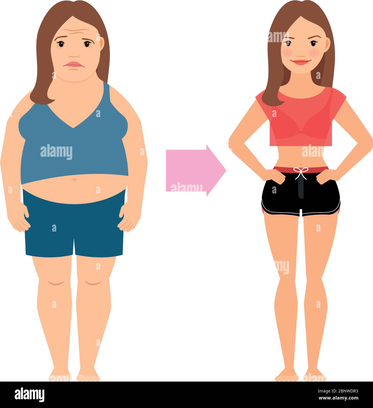 Women weight loss success. Fat and slim woman before and after diet vector illustration Stock Vector