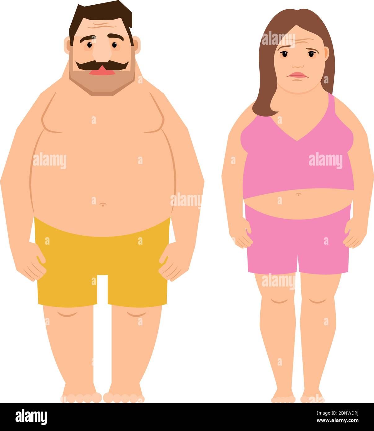 Exercising man and woman isolated on white background. Fat obese people cartoon vector illustration Stock Vector