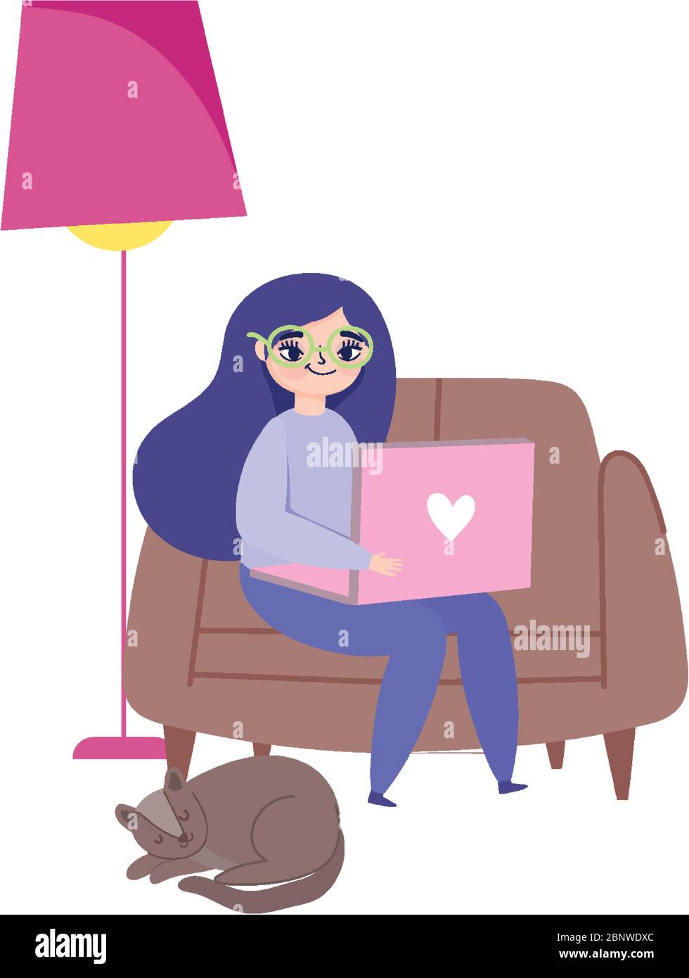 working remotely, young woman sitting with laptop and cat sleeping ...
