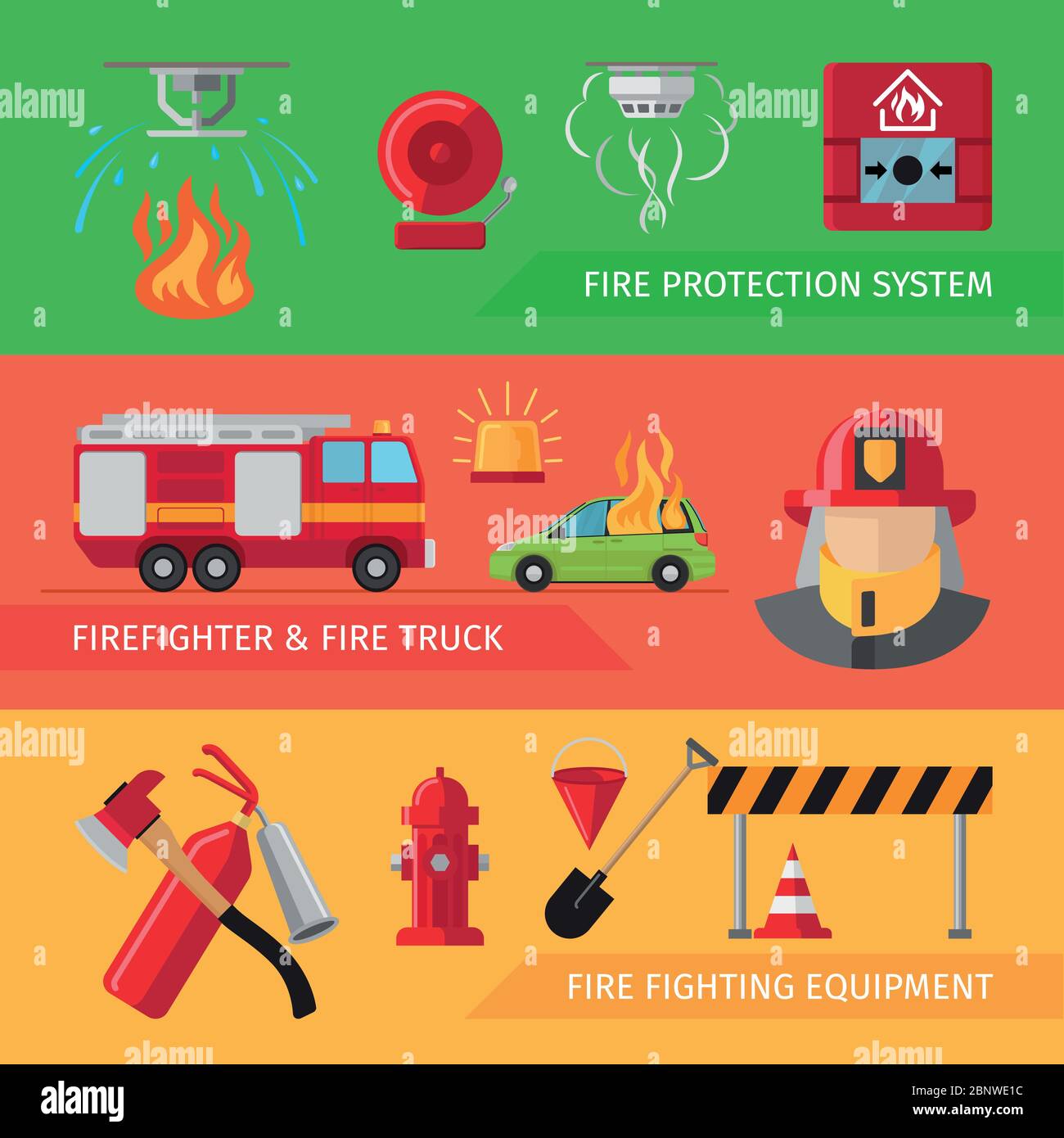 Firefighters flat horizontal banners for webpage infographics. Vector smoke and fire alarm, fire truck and fire safety equipment Stock Vector