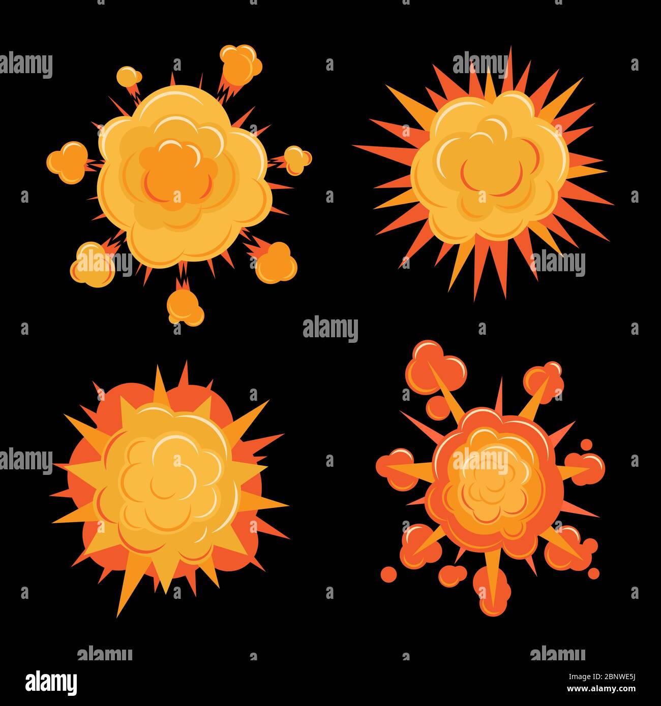 Cartoon comic burst or explosion set. Bang or bomb blast vector fire
