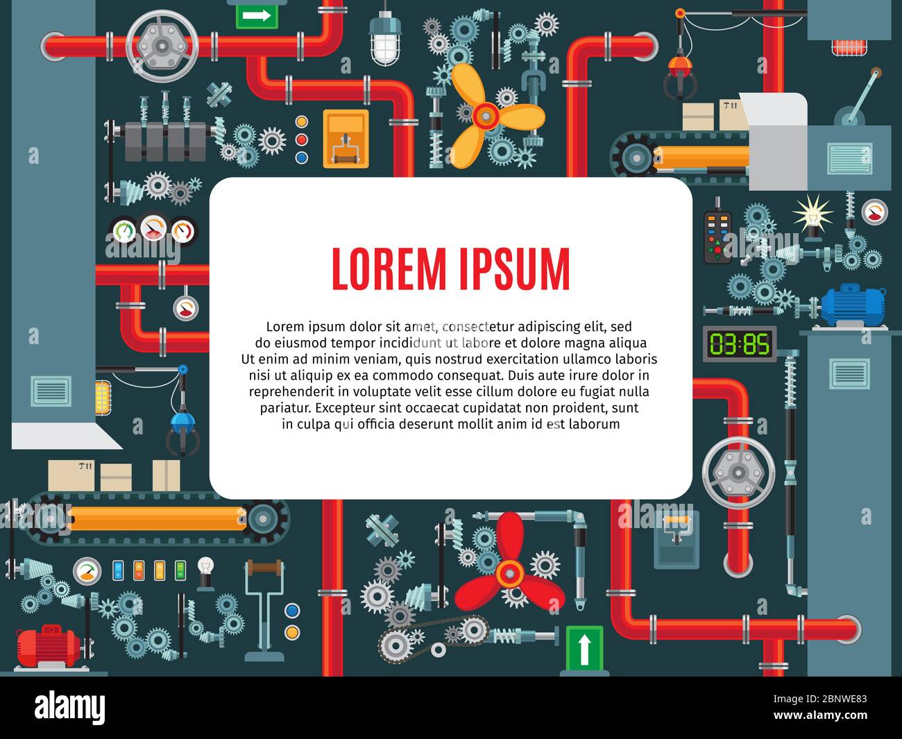Industrial machines frame with text sample, machine gears, chains and ...