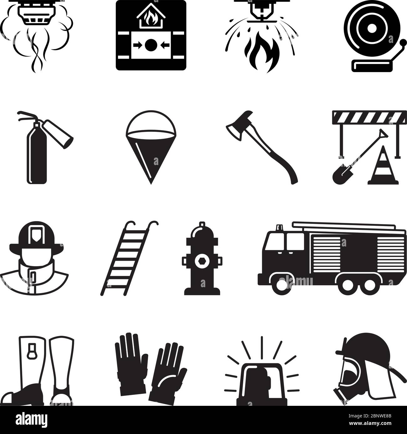 Firefighter black icons. Fireman and fire equipment, alarm and fire axe signs. Vector illustration Stock Vector